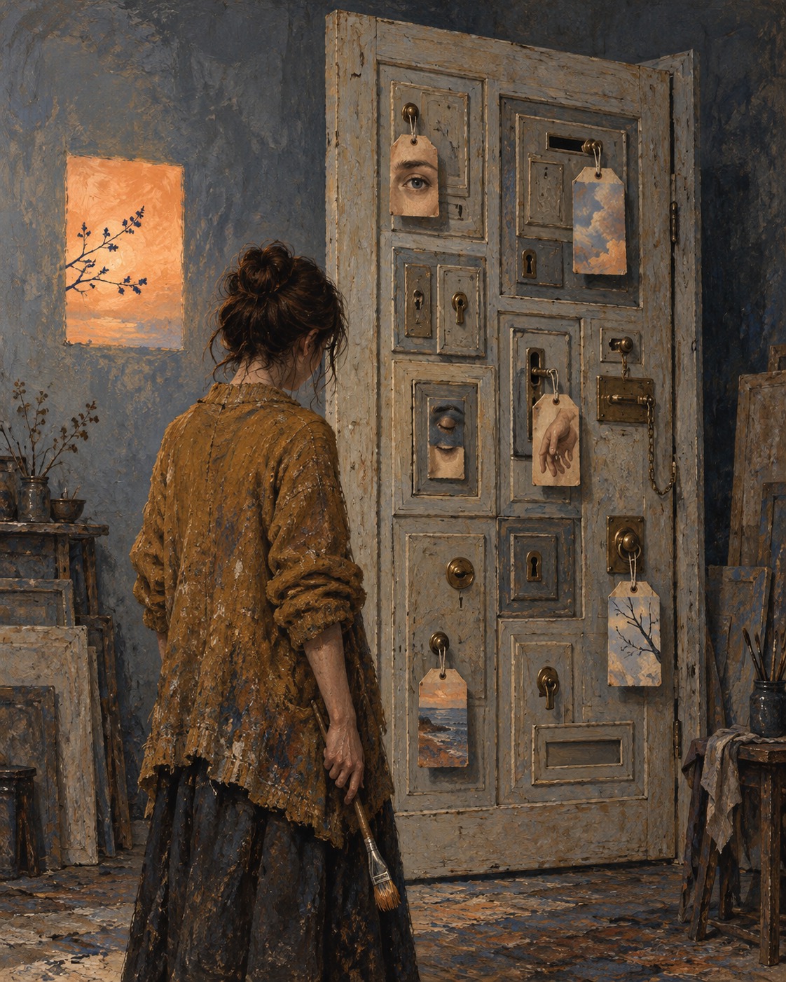 A painter in a worn ochre cardigan stands with her brush lowered before a weathered door crowded with locks and handles. Hanging tags show an eye, a hand, and fragments of sky. Beside it, an apricot-colored painting with a blue branch glows against the gray studio wall.