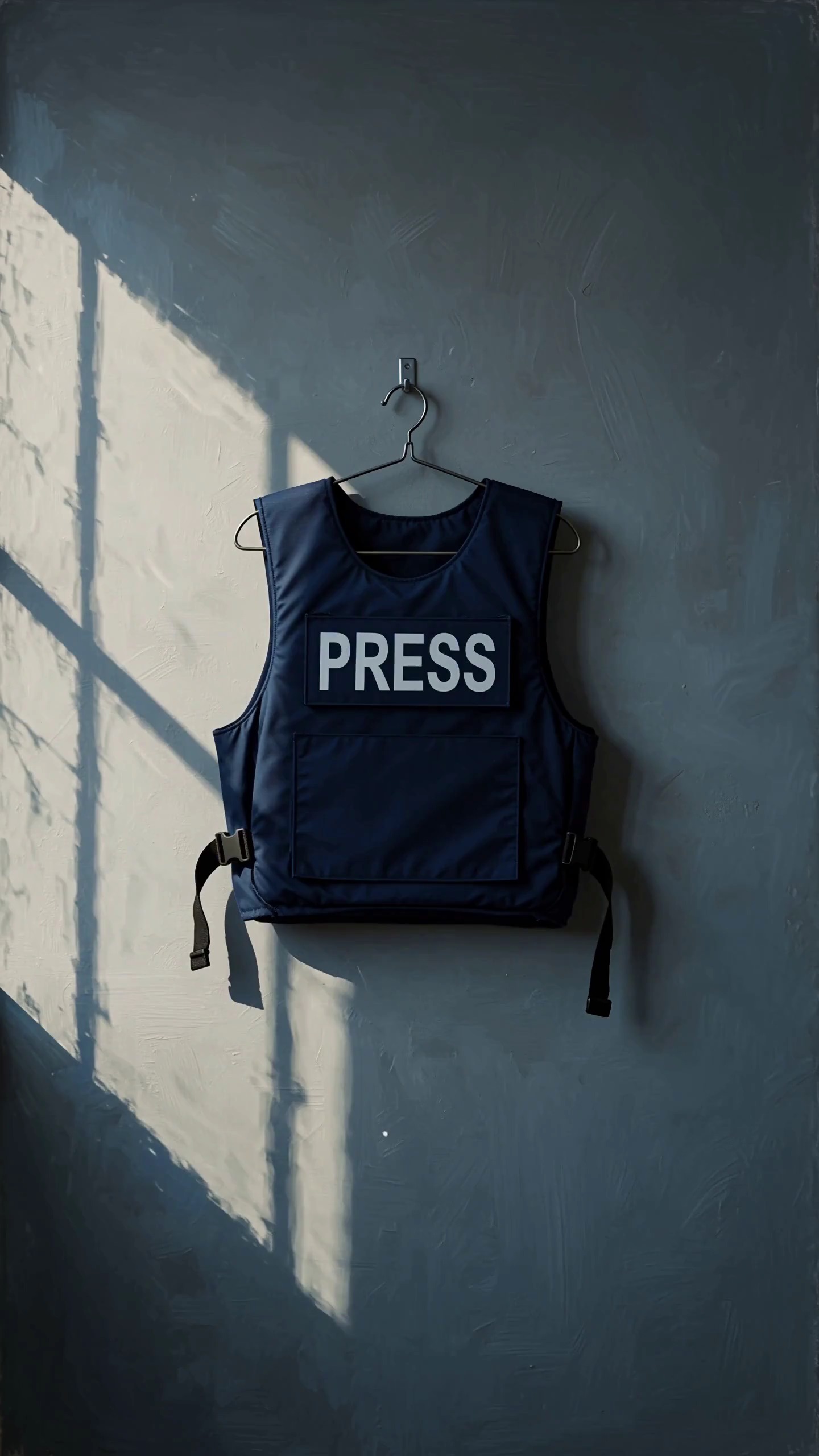 Painterly portrait of an empty navy press vest hanging against a muted plaster wall, its white PRESS lettering lit by oblique winter light.