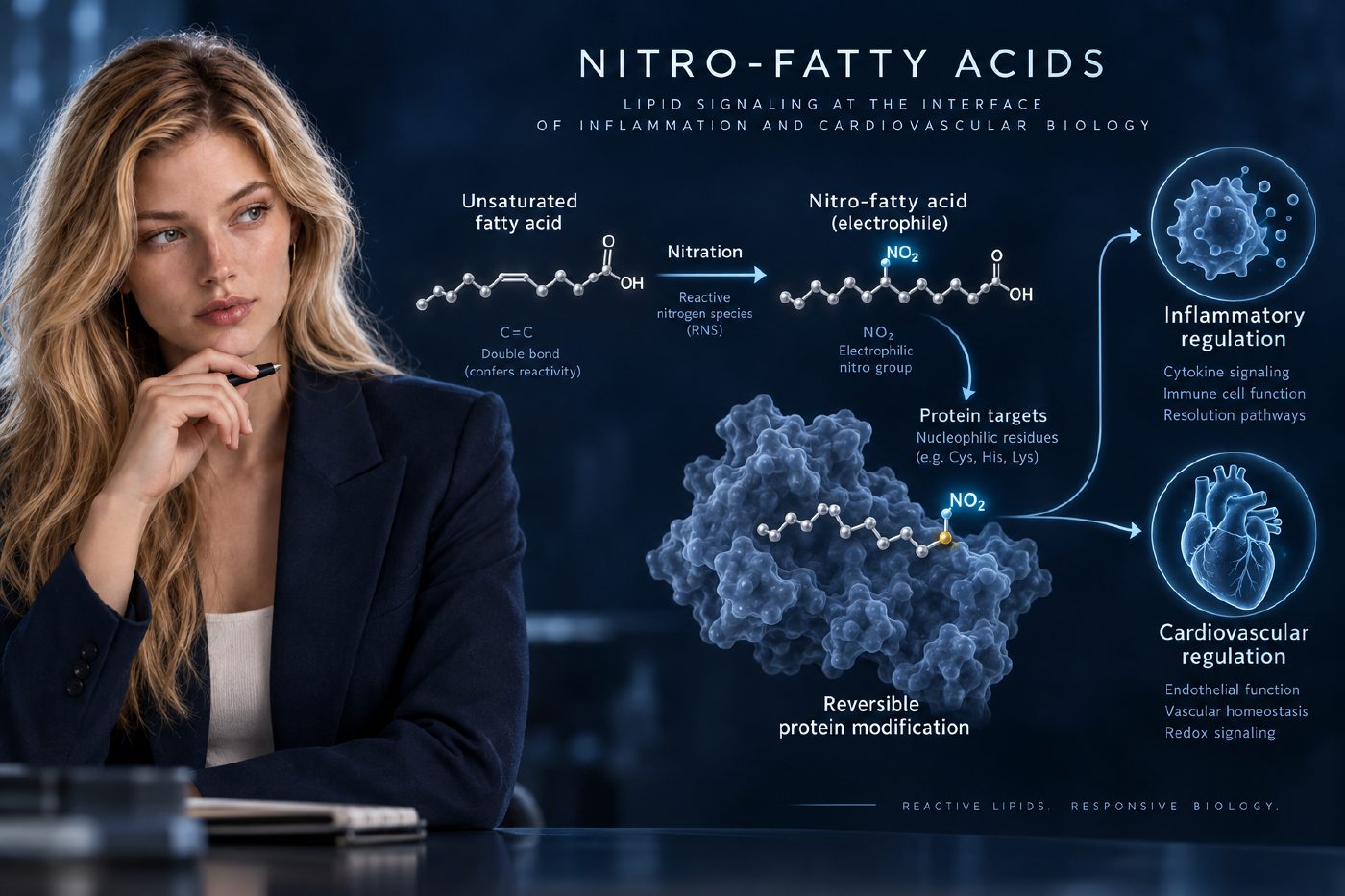 Marlene stands beside a midnight-blue molecular pathway diagram showing an unsaturated fatty acid undergoing nitration to form an electrophilic nitro-fatty acid, which reversibly modifies protein targets and branches toward inflammatory and cardiovascular regulation.