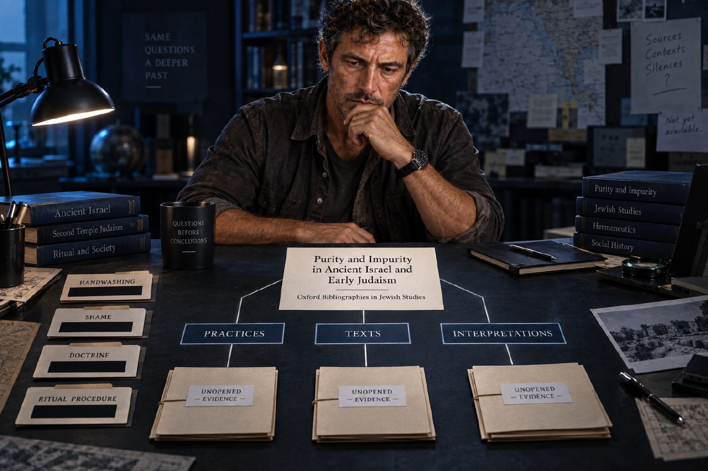 Jack sits at a dark research desk beside the centered title “Purity and Impurity in Ancient Israel and Early Judaism,” while unopened and redacted branches for practices, texts, interpretations, handwashing, shame, doctrine, and ritual procedure remain visibly unresolved.