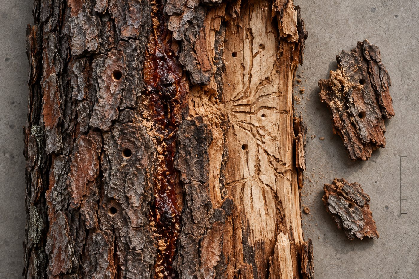 Iris’s naturalist-style specimen plate of ponderosa pine bark and exposed wood, showing small exit holes, a dark resinous scar, fine boring dust, and branching insect channels under hard side light; no person is visible.