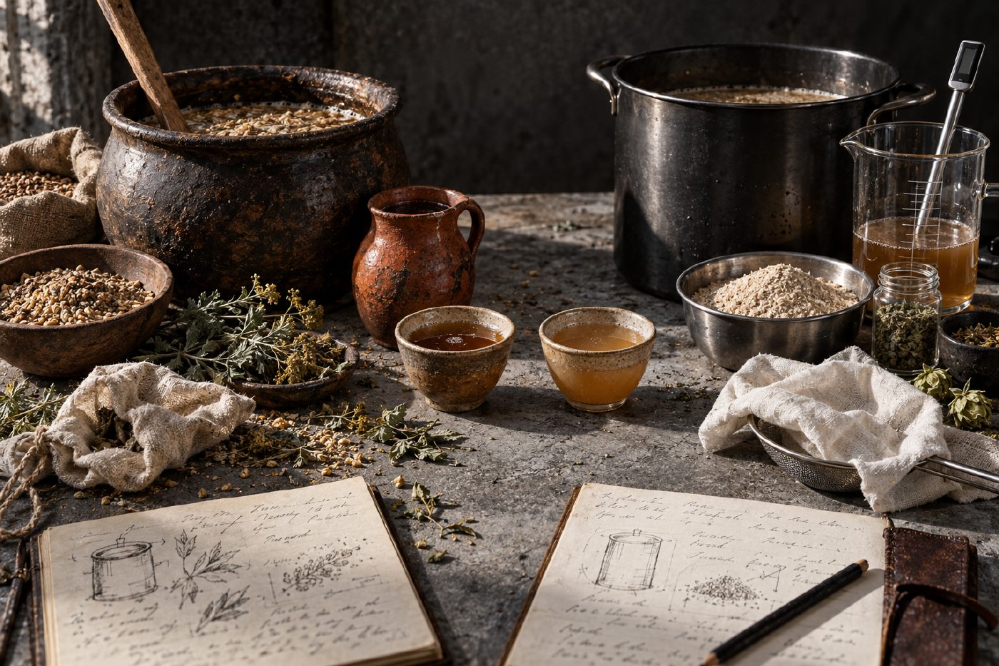 A hard-lit still life from Horn and Jack’s brewing conversation: grain, herbs, earthenware and modern vessels, tasting cups, strainers, and notes share a concrete-grey worktable; Horn and Jack remain outside the frame.