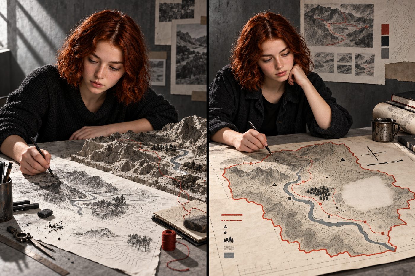 Iris works across an original split-panel scene: at left, Iris sketches an invented ridge, river, path, and grove from a terrain model; at right, the landscape becomes a concrete-grey, black, and oxidized-red map with contours, symbols, labels, a boundary, and a deliberately erased blank zone.