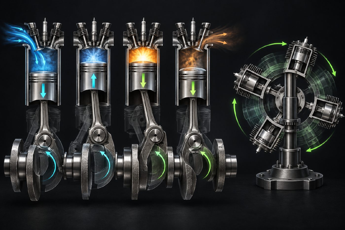 Key’s brand-free technical cutaway of a steel piston in a stationary cylinder driving a connecting rod and crankshaft, with straight and curved arrows showing linear and rotational motion and a smaller early rotary-engine comparison; no person is visible.
