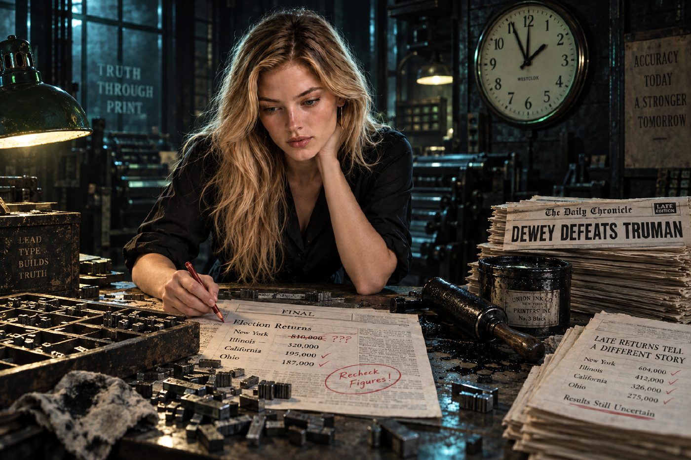 Marlene studies a 1948 newsroom composing table with metal type, correction marks, an ink roller, a wall clock, and stacked late editions beneath cool cyan and acid-green edge light.