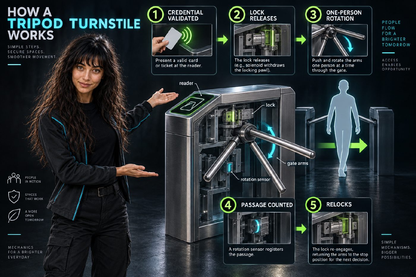 Skinjo presents an acid-green and cool-cyan annotated diagram of a generic waist-high turnstile, with arrows showing credential validation, lock release, one-person rotation, passage counting, and relocking.