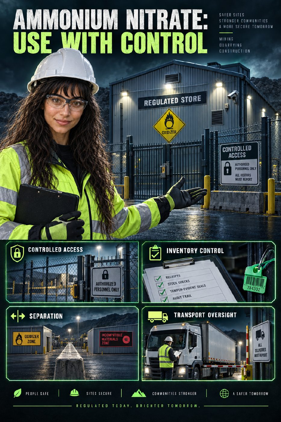 Skinjo, wearing high-visibility protective equipment, presents a non-operational ammonium nitrate safety infographic showing a sealed regulated store, oxidizer signage, controlled access, inventory checks, separated zones, and transport oversight.