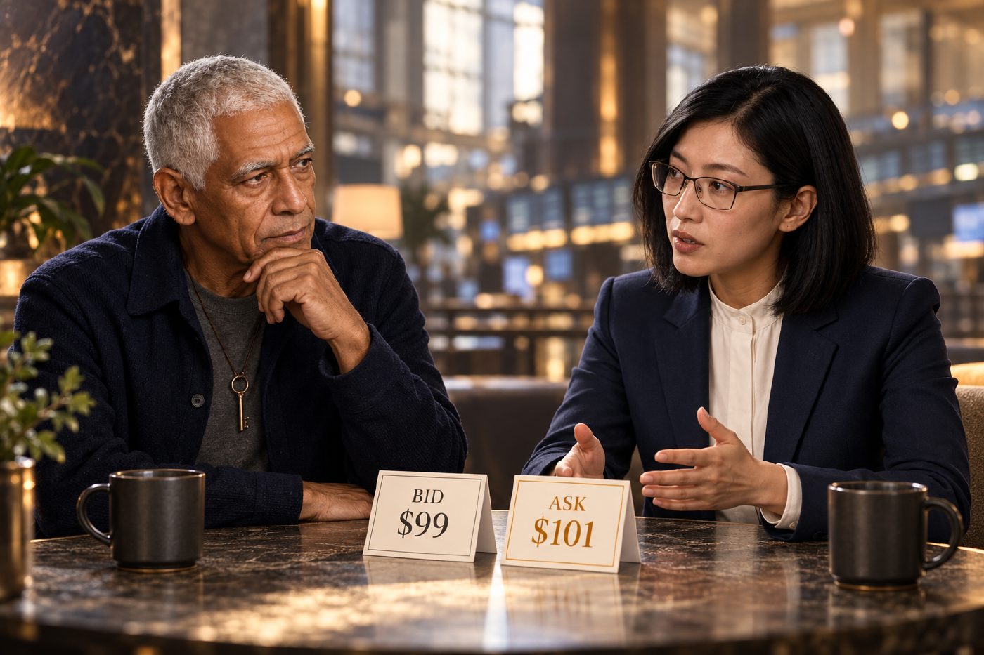 Key interviews Lacuna at a sunlit table; Lacuna gestures toward separate bid and ask price cards, with a softly blurred trading-floor-inspired setting behind them.