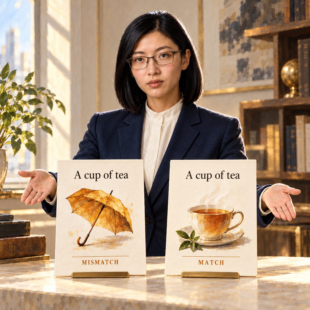 Editorial illustration of Lacuna gesturing toward two fictional, audience-facing teaser cards titled “A cup of tea”: a deliberately mismatched umbrella image on one and a matching steaming cup on the other. No numerical research results are shown.