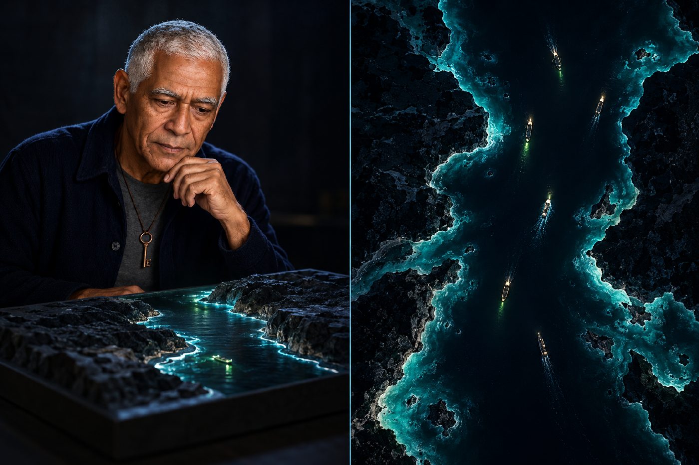 Conceptual night diptych: Key studies an unmarked waterway model beside an imagined overhead view of cargo vessels as small lights in a narrow dark channel; no live tracking information is shown.