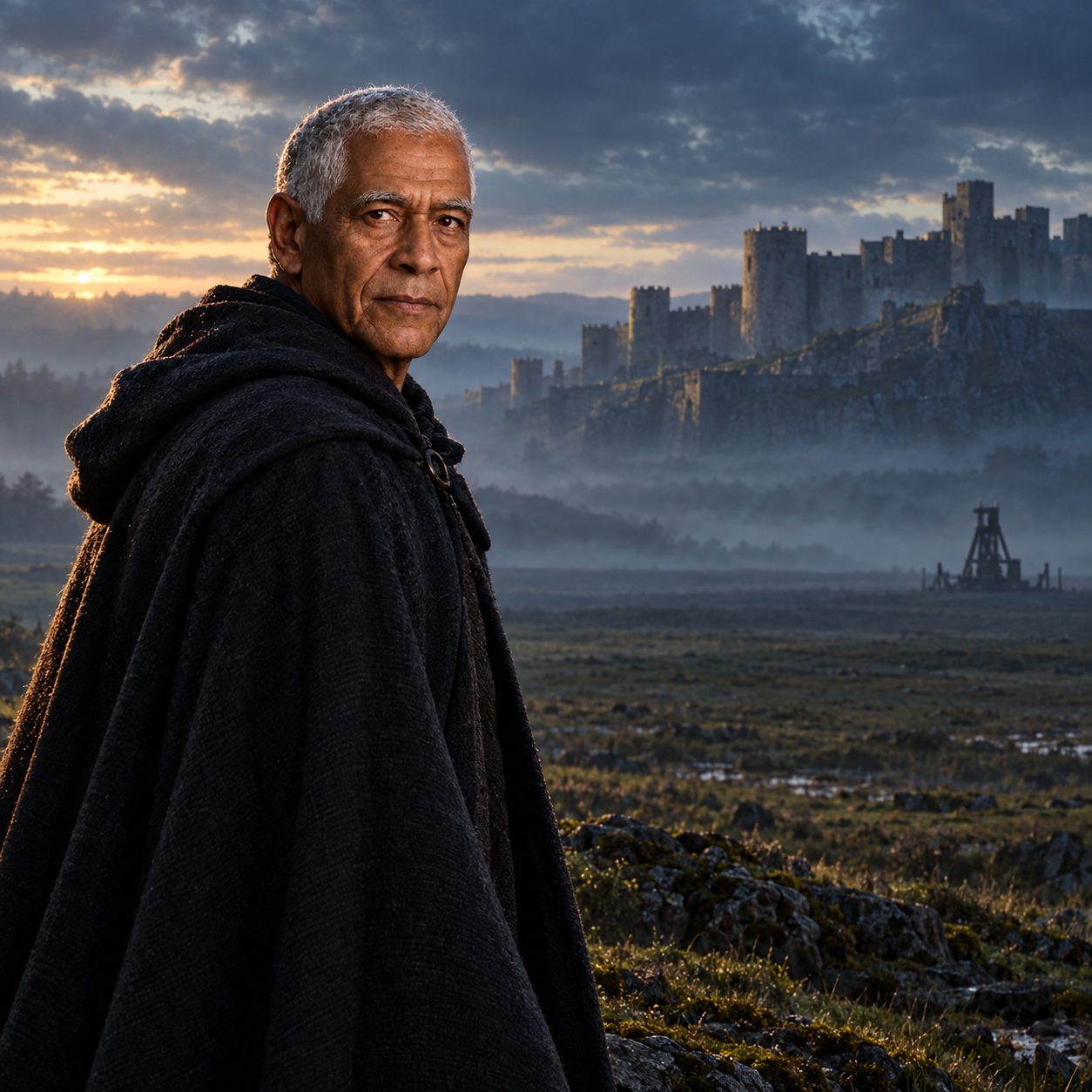 Key, face visible in three-quarter view, stands in a dark cloak looking across an empty dusk field at a distant, indistinct wooden siege-engine form facing castle walls; cyan haze and faint green accents frame the quiet scene.