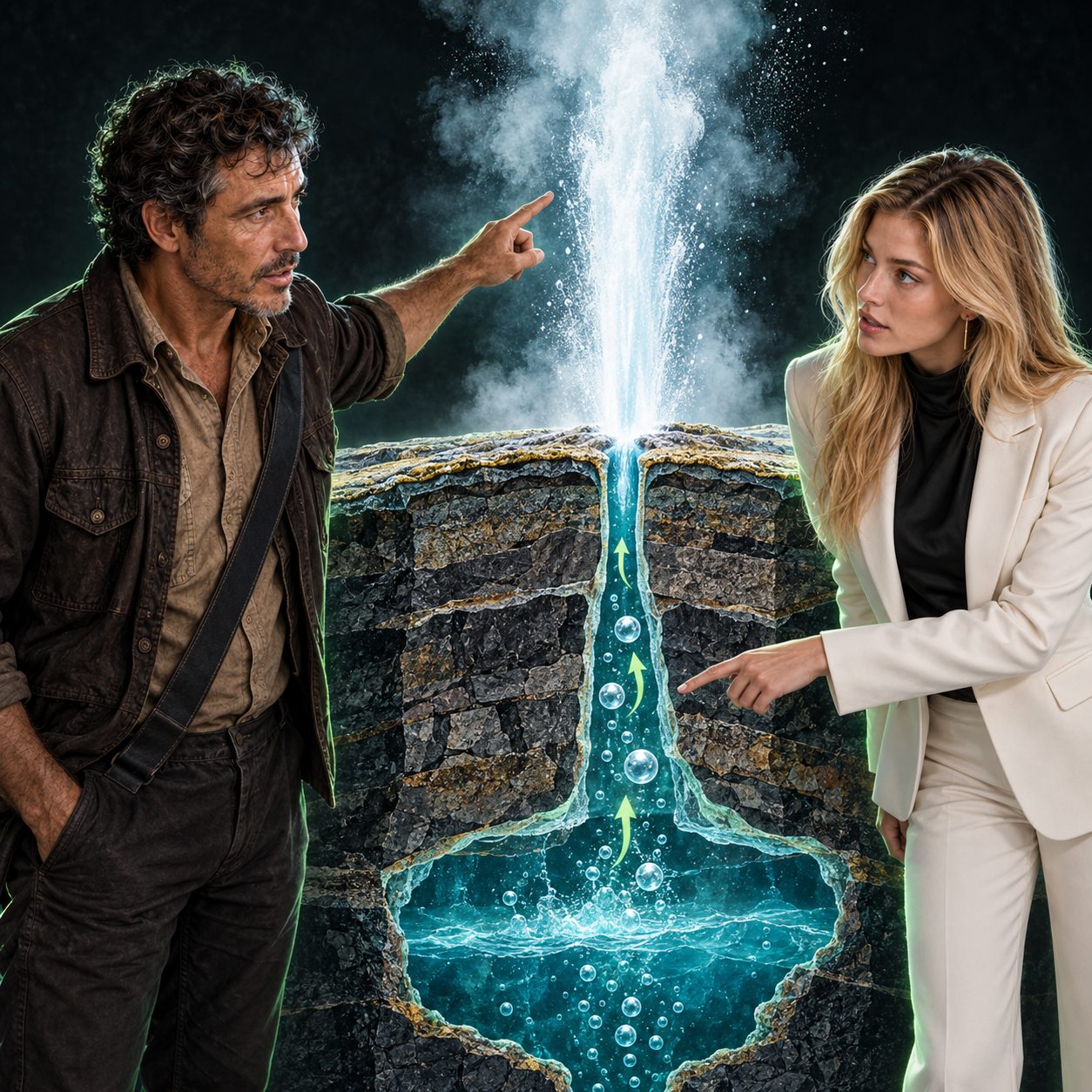 Jack and Marlene discuss an illuminated geyser cross-section showing heated underground water, rising gas bubbles, a narrow conduit, and a surface plume.