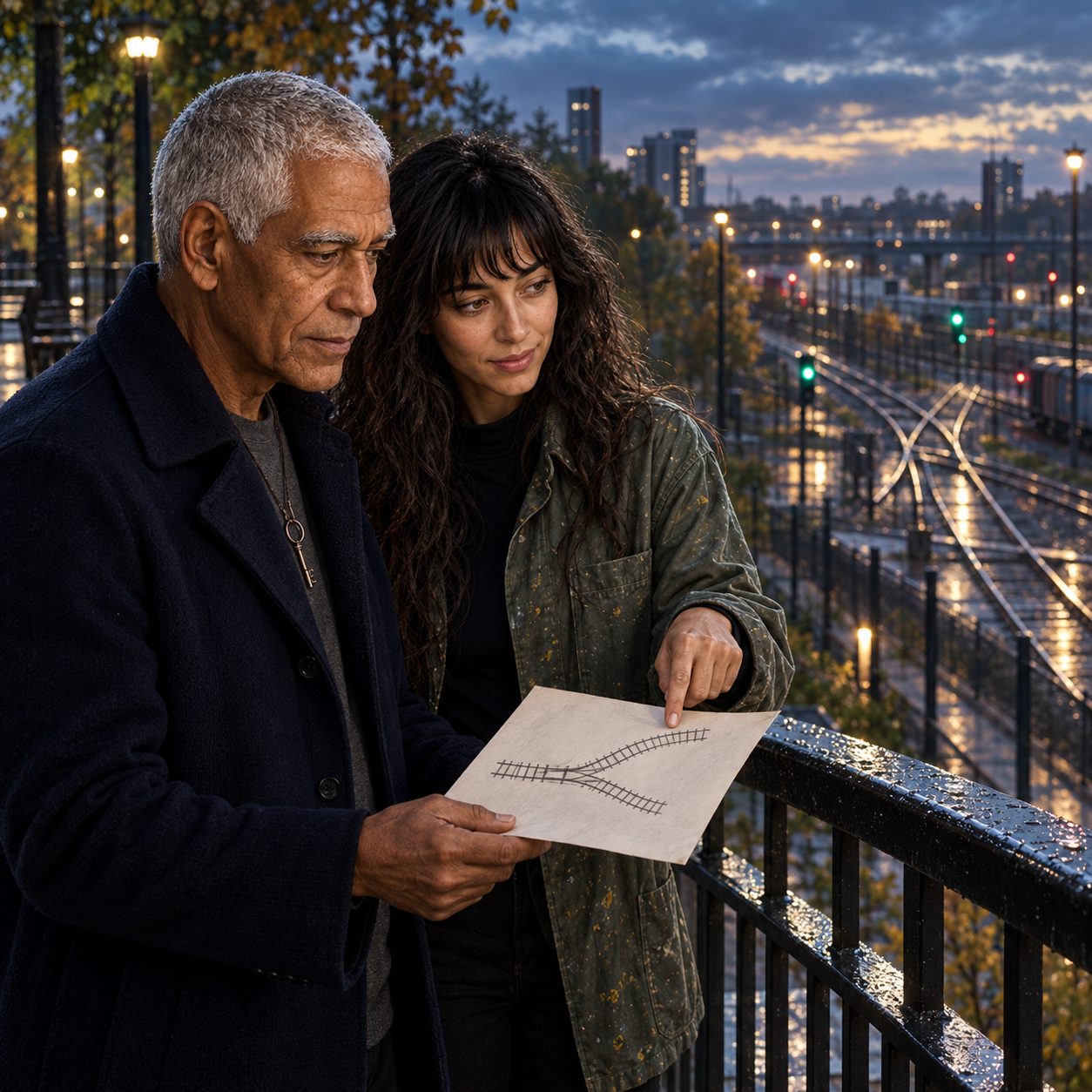 Key and Skinjo compare a small plan-view drawing of branching rail routes from behind the railing of a public viewing terrace, with a real turnout visible in the distance.