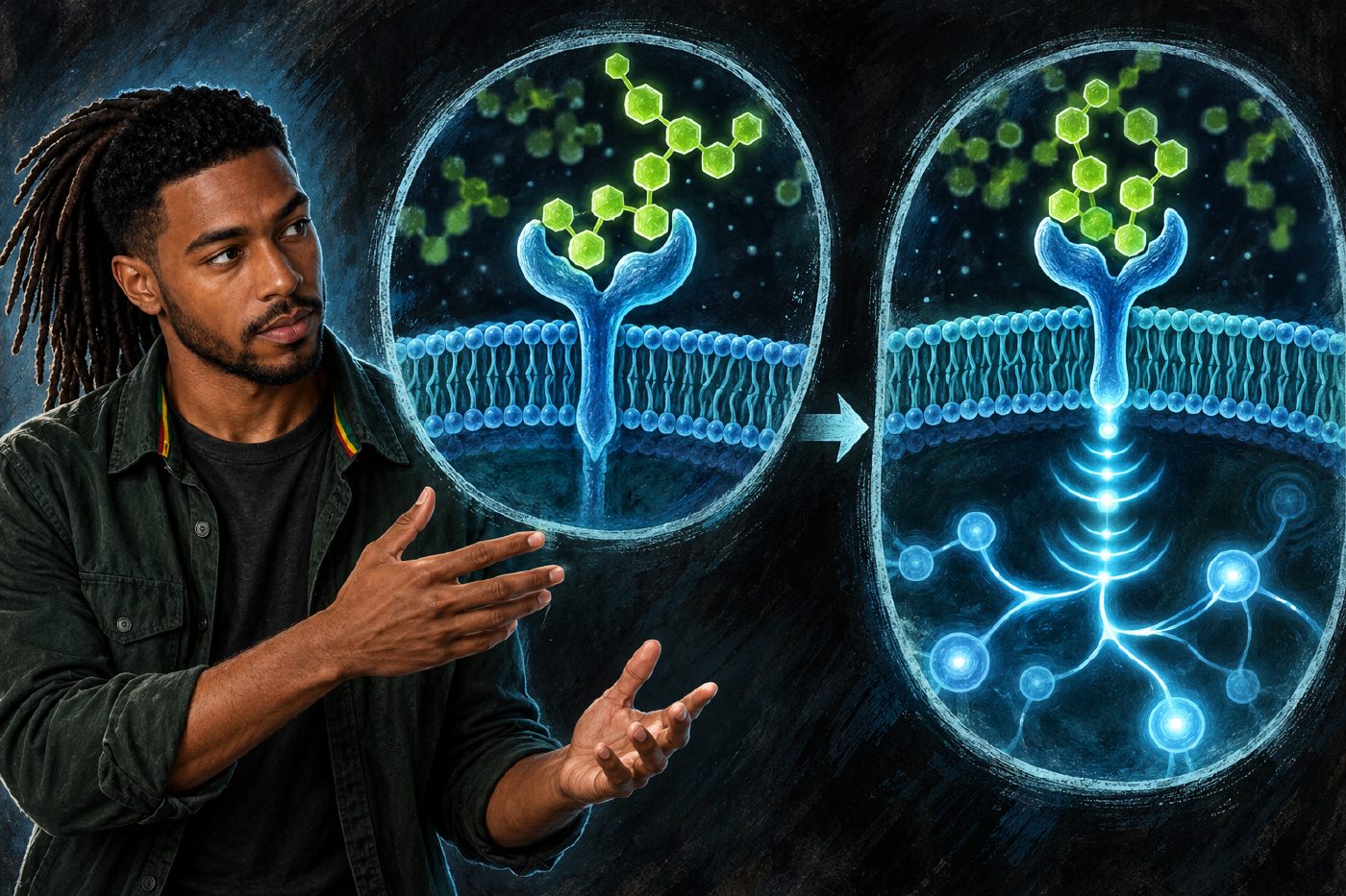 Conceptual mixed-media illustration with William beside a two-stage diagram: a stylized microbial sugar cluster contacts a generic immune-cell surface receptor, while a separate intracellular network glows to represent possible downstream signaling.