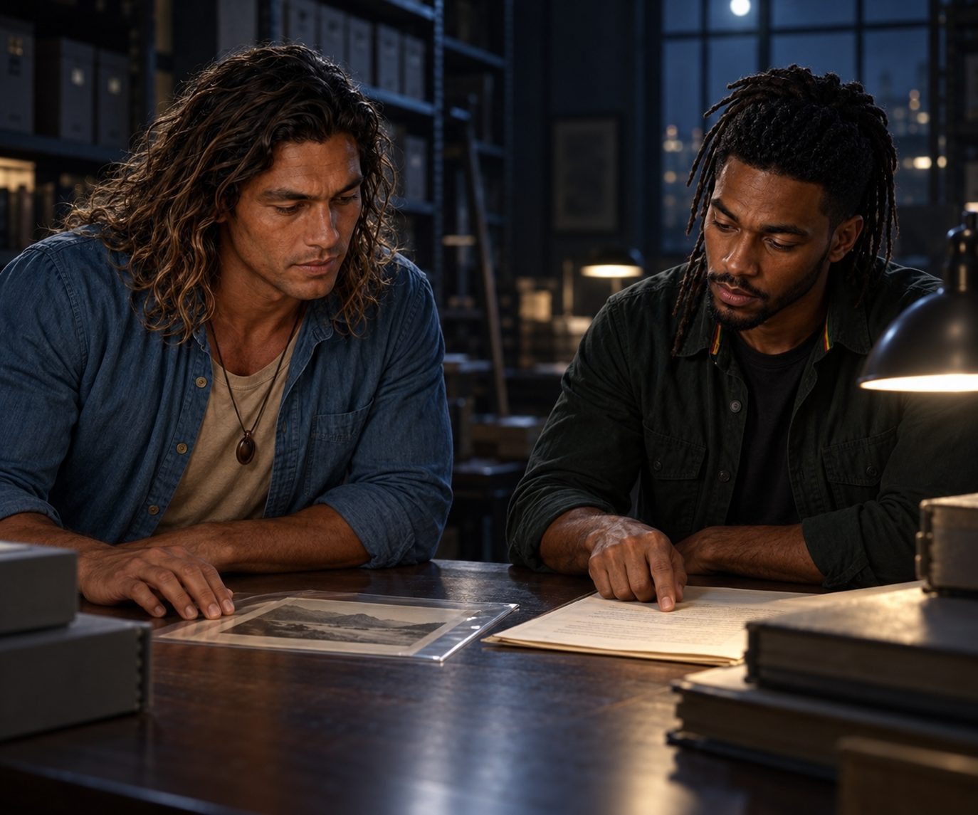Horn and William examine a sleeved landscape photograph and an archive page across a dimly lit table; both materials face them, their contents oblique to the viewer.