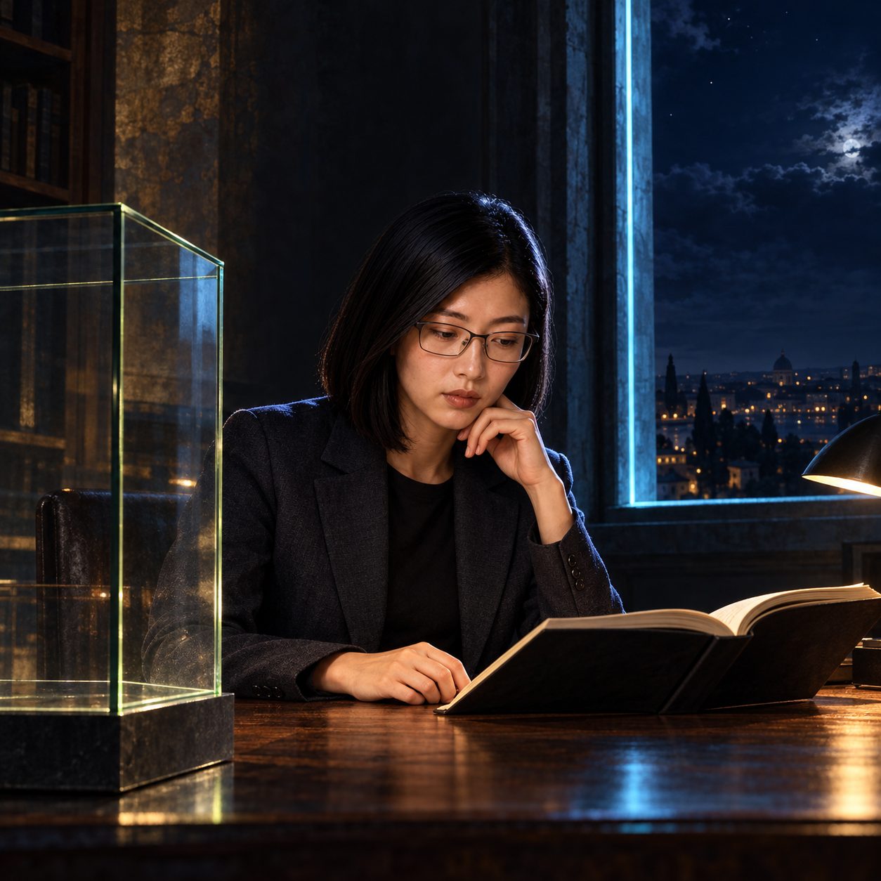 Lacuna reads at a desk in a near-black nocturnal study, the book angled toward Lacuna. An empty glass enclosure edged in acid green contrasts with an open cyan-lit window, forming an original composition of enclosure and openness rather than a ritual scene.
