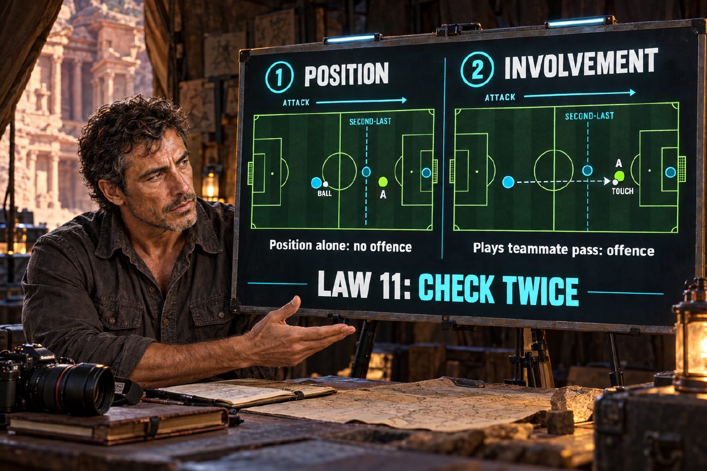 Jack presents a two-stage pitch diagram in a dark Petra field room. Acid-green and cyan markings show A beyond both the ball and the second-last opponent at a teammate’s pass, then A touching that pass. The panels distinguish offside position from an offence; a camera rests on the desk.