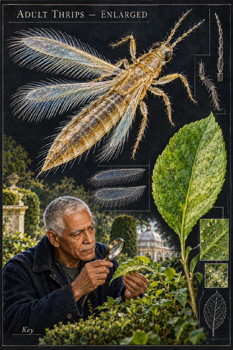 Natural-history plate with an adult thrips labeled as enlarged beside a separate green leaf, showing its slender body and narrow fringed wings. In a smaller garden vignette, Key studies an attached leaf through a magnifying lens against a near-black field with green and cyan accents.