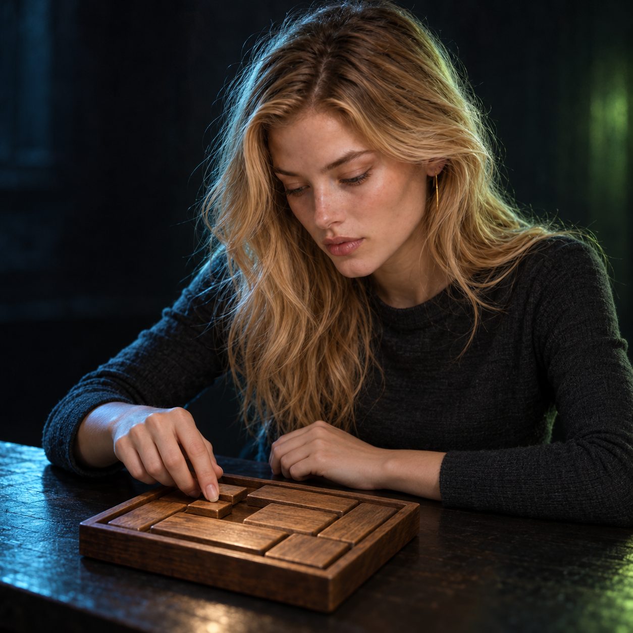 Marlene looks down at a Klotski-style block puzzle lying flat on a dark table, fingertips testing a small block beside a gap. Cool cyan and acid-green edge light frame her face and hands; the puzzle remains unresolved.