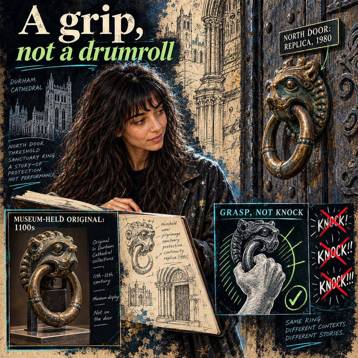 Original heritage illustration of Skinjo studying Durham Cathedral’s North Door replica without touching it, sketchbook in hand. A separate panel distinguishes the museum-held bronze original; a grasping-hand diagram contrasts with crossed-out imagined knocks. Cyan and acid-green accents light a near-black field.