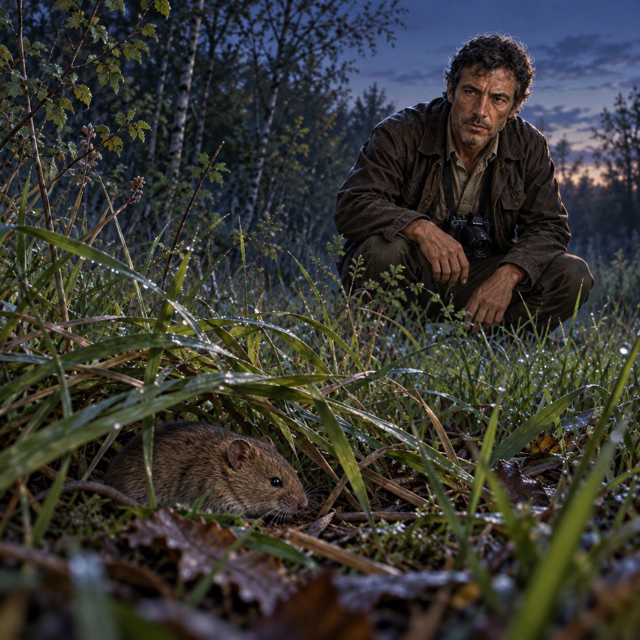 Original habitat illustration of Jack crouching quietly at a woodland margin, leaving the cover untouched. In the foreground, a small greyish-brown field vole with a short tail is partly concealed beneath grass, with silver and dim cyan highlights against blue twilight shadows.