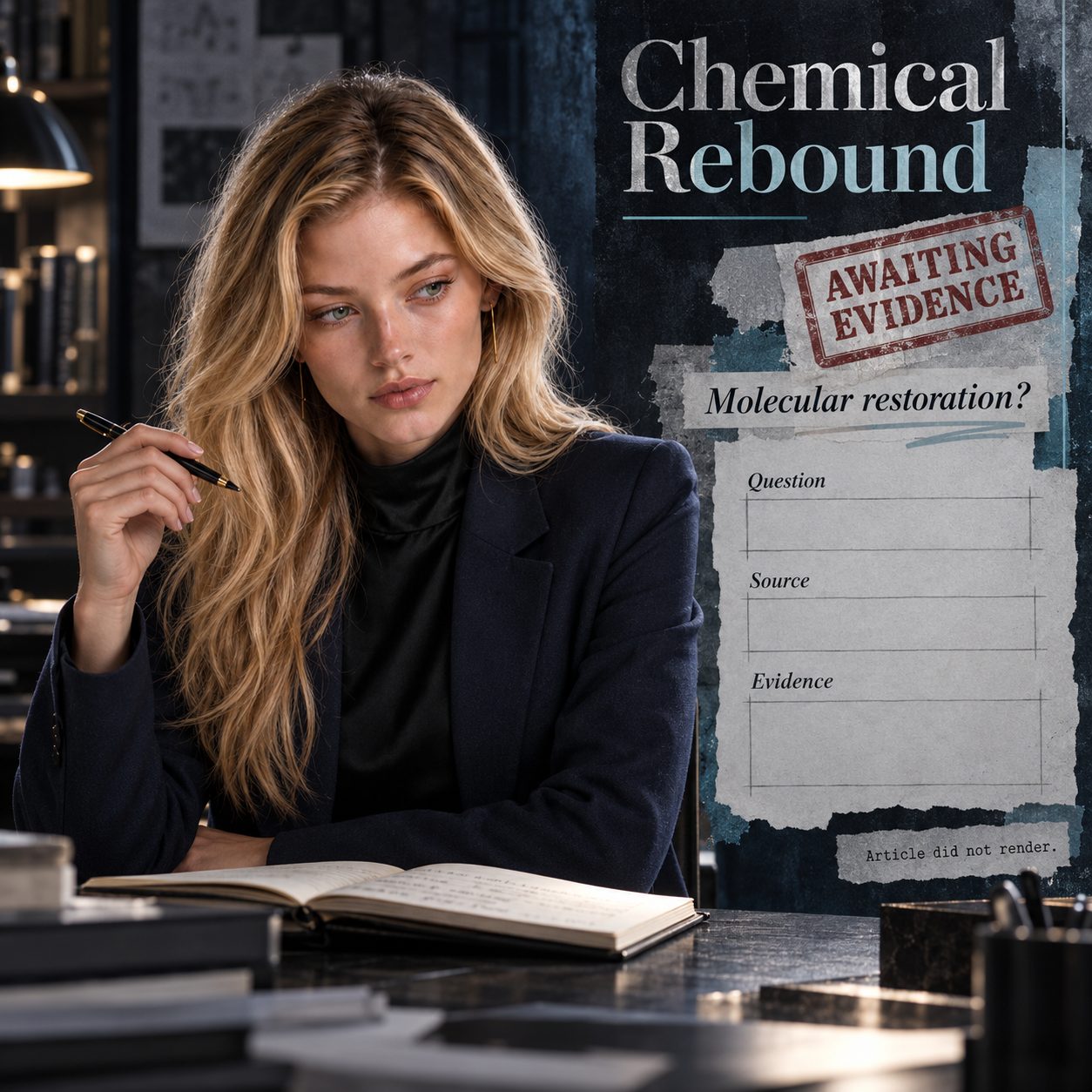 Marlene pauses with a pen above an unfinished notebook at a midnight-blue desk. Beside her, a silver and dim-cyan research panel titled “Chemical Rebound” is marked “AWAITING EVIDENCE”, with “Molecular restoration?” and blank Question, Source and Evidence fields.