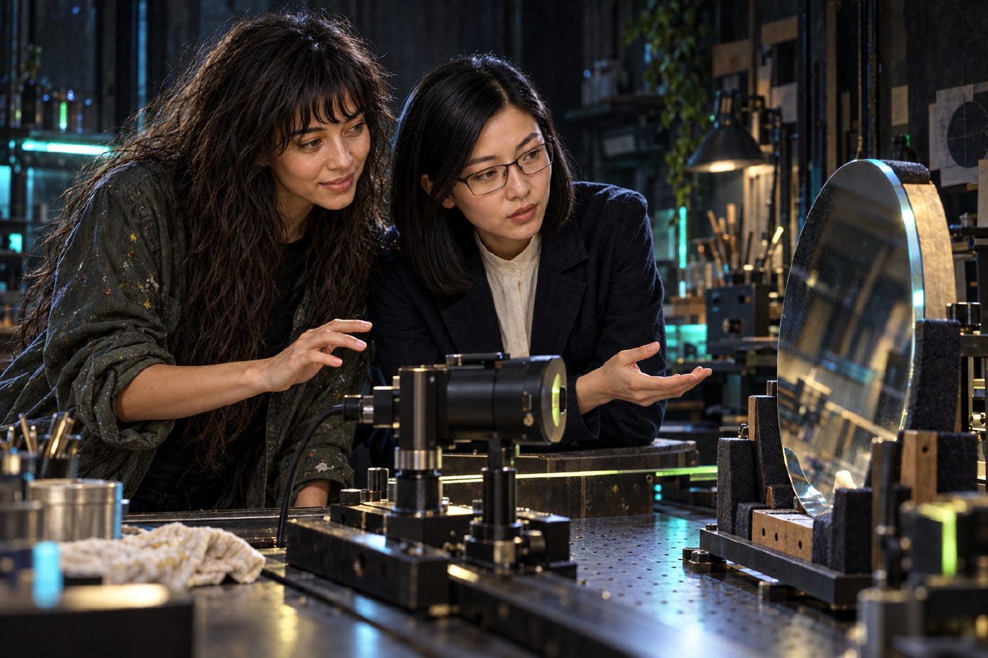 Skinjo and Lacuna lean beside a workshop bench, sharing attention to a telescope mirror in a padded cradle and its aligned optical tester. Skinjo's hand pauses above the bench while Lacuna gestures toward the setup; cyan edge light and restrained green accents brighten the dark workspace.