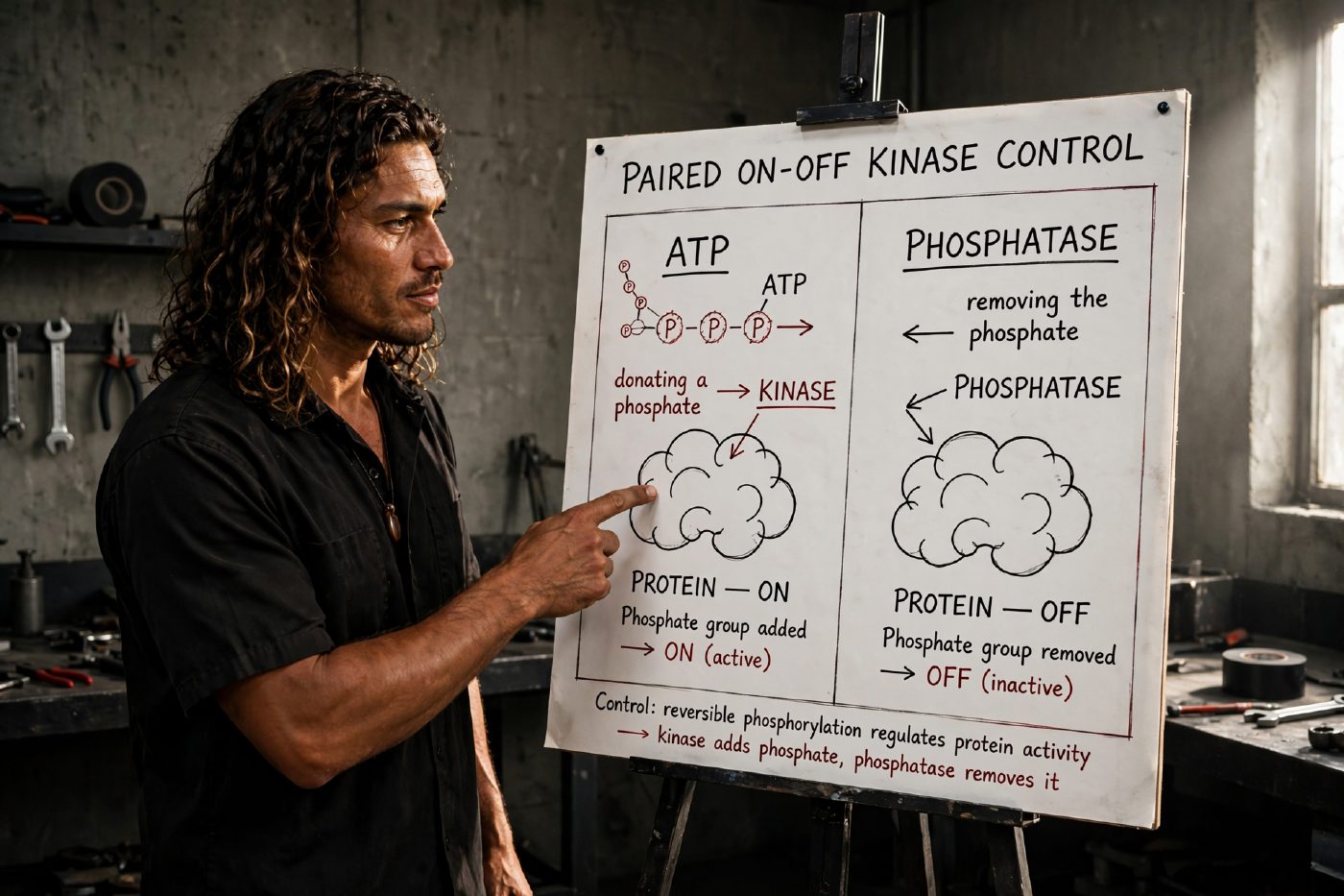 Horn standing in hard side light beside a large hand-drawn diagram showing ATP donating a phosphate via kinase to switch a protein ON and phosphatase removing it to switch OFF