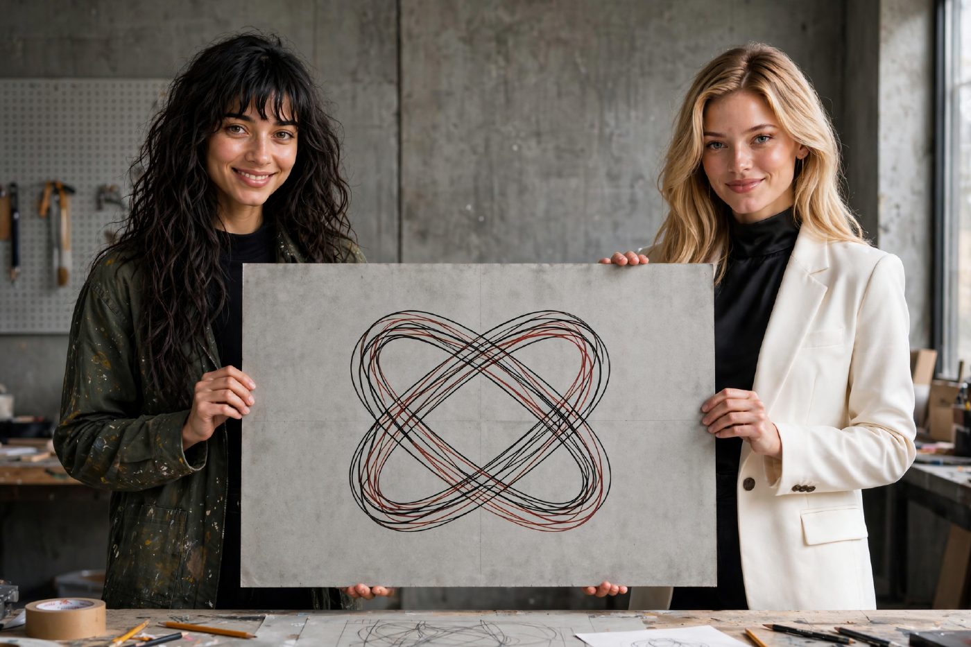Skinjo and Marlene standing side by side in a studio workroom jointly presenting a large schematic board facing the audience with three interlaced black and oxidized red lines on concrete grey paper
