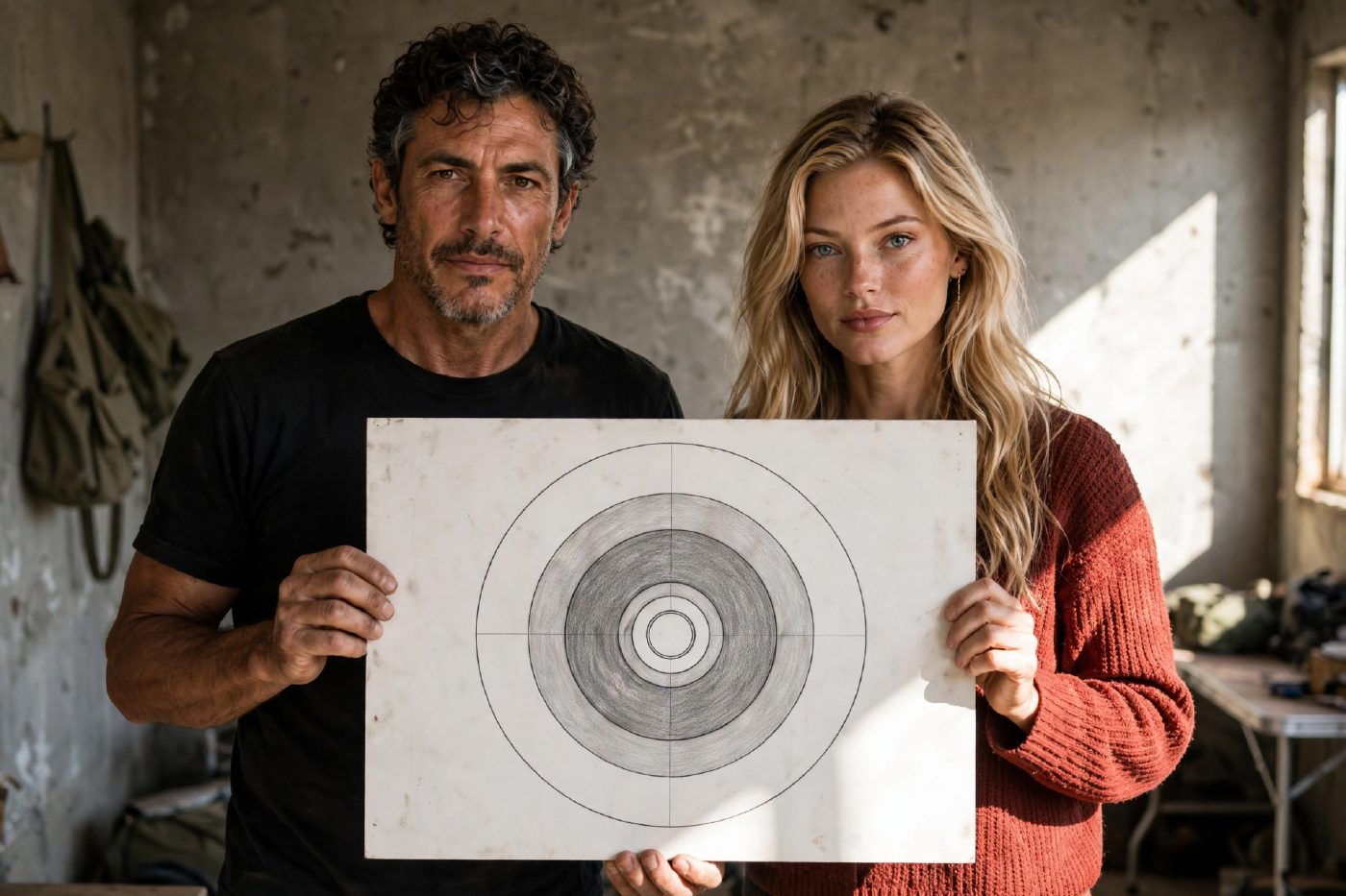 Jack and Marlene holding a neutral two-zone solid propellant grain cross-section schematic facing the viewer in a concrete grey field room with hard side light