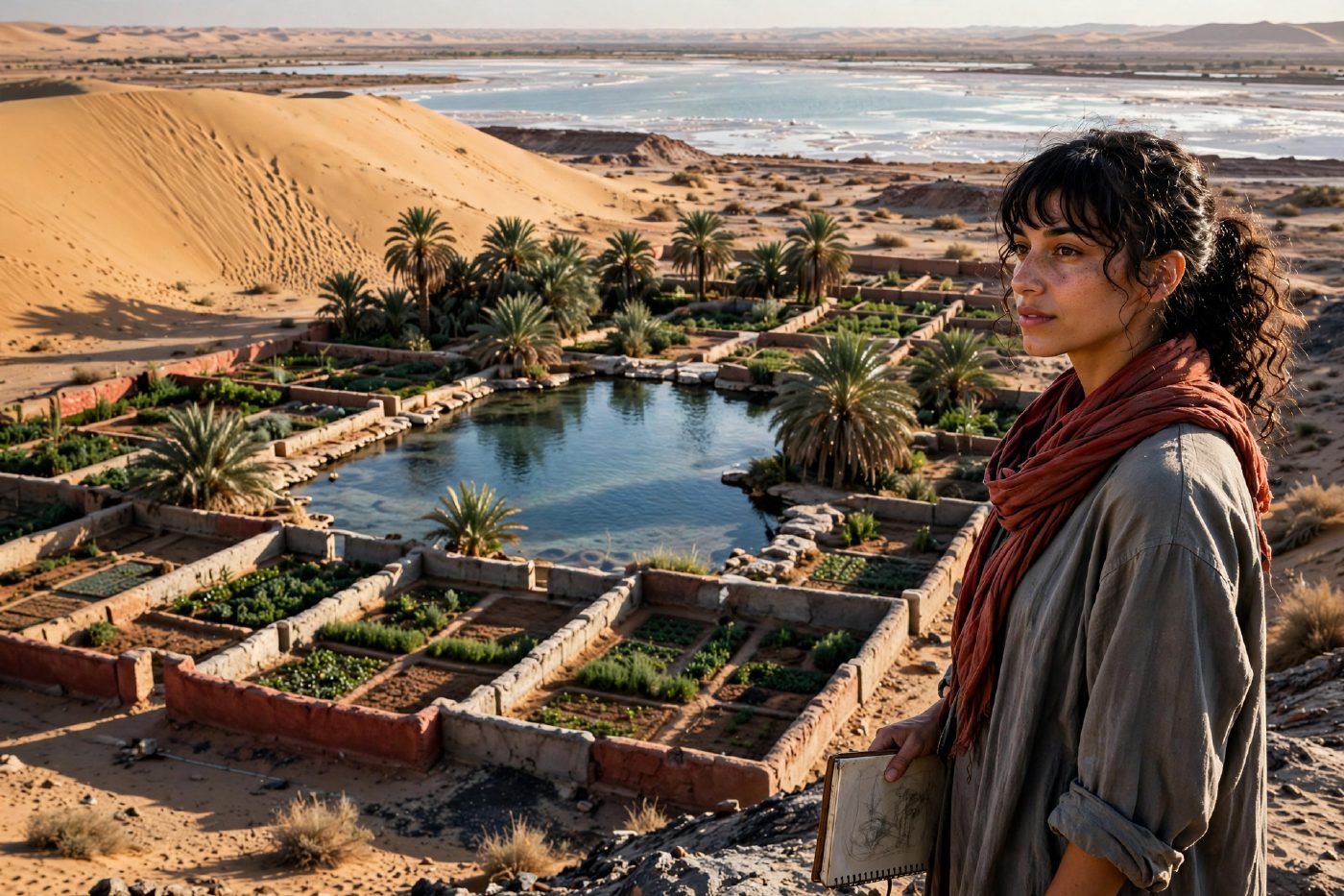 Skinjo standing in the right foreground of the Siwa Oasis landscape, observing a freshwater spring pool fringed with palms and mud-brick water channels, with golden dune ridge pressing in and a hypersaline lake beyond under hard side light.