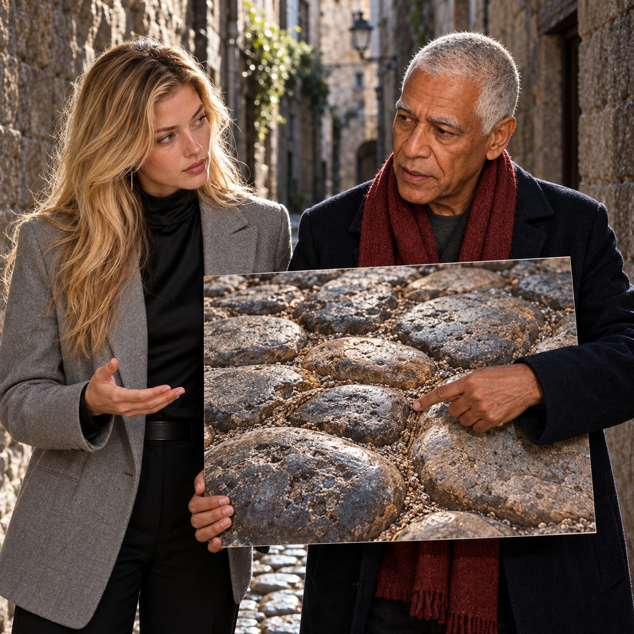 Marlene interviews Key in a cobbled alley under hard side light. Key holds a large close-up photograph facing the audience and points to a narrow joint between rounded, worn stones; both faces are visible above the print.