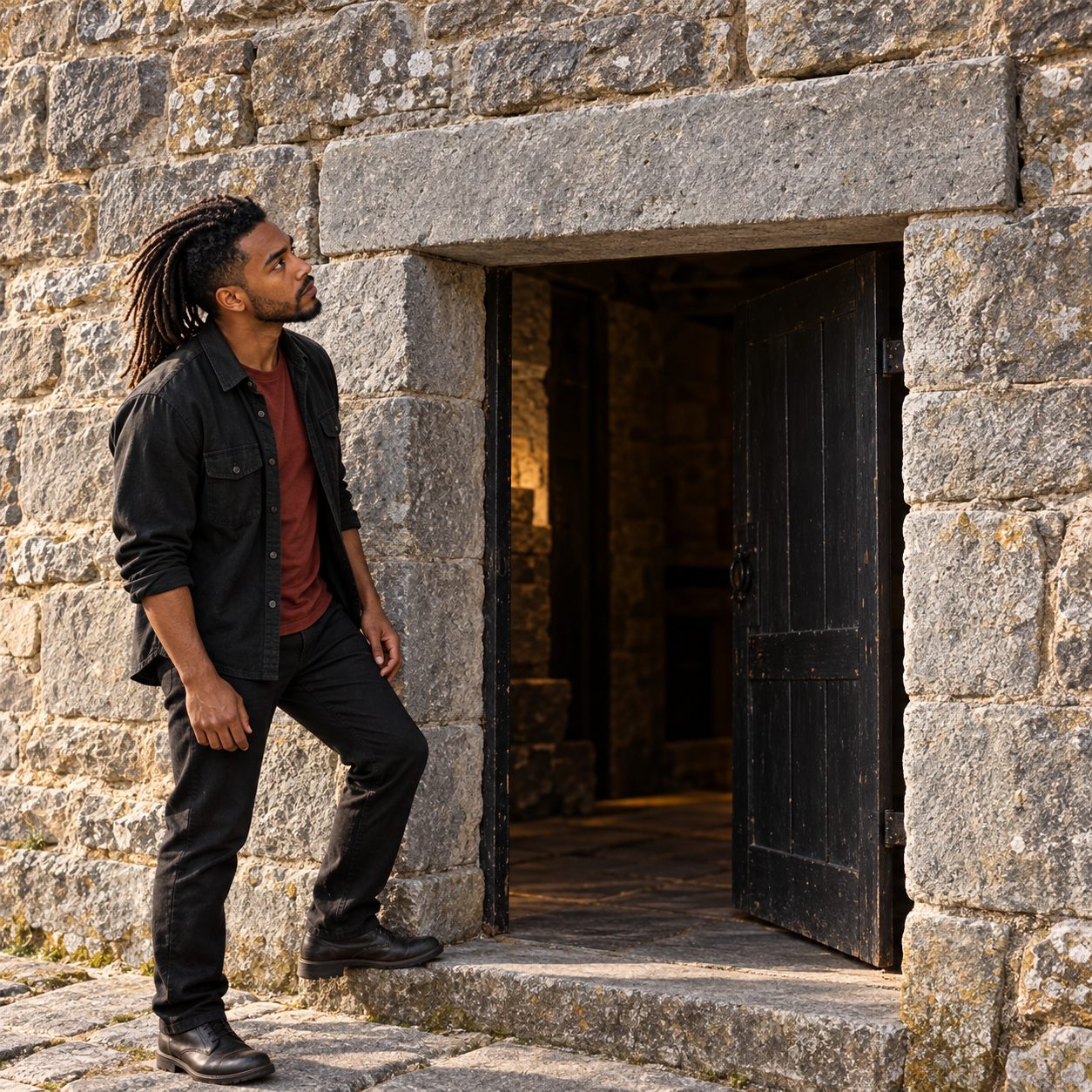 William pauses at a working stone doorway, looking up at a plain grey lintel resting on masonry jambs. A black door stands partly open below it, while hard side light reveals the rough stone and its bearing points.
