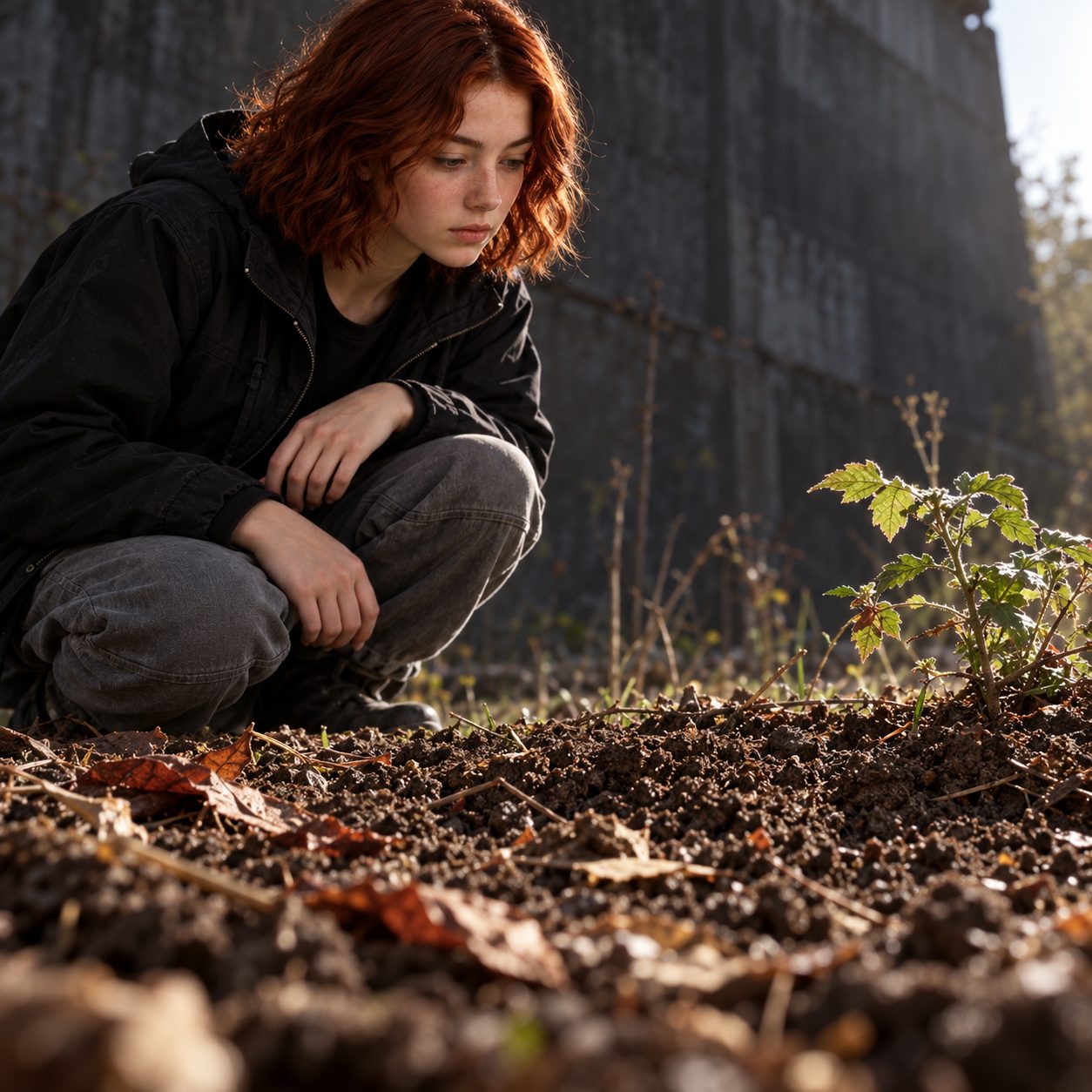 Iris crouches beside undisturbed surface soil, looking down in hard side light. A small plant enters the soil at the edge, implying roots below; none are exposed. Black clothing, concrete grey and oxidized-red earth frame the illustrative study, not a rhizosphere diagram.