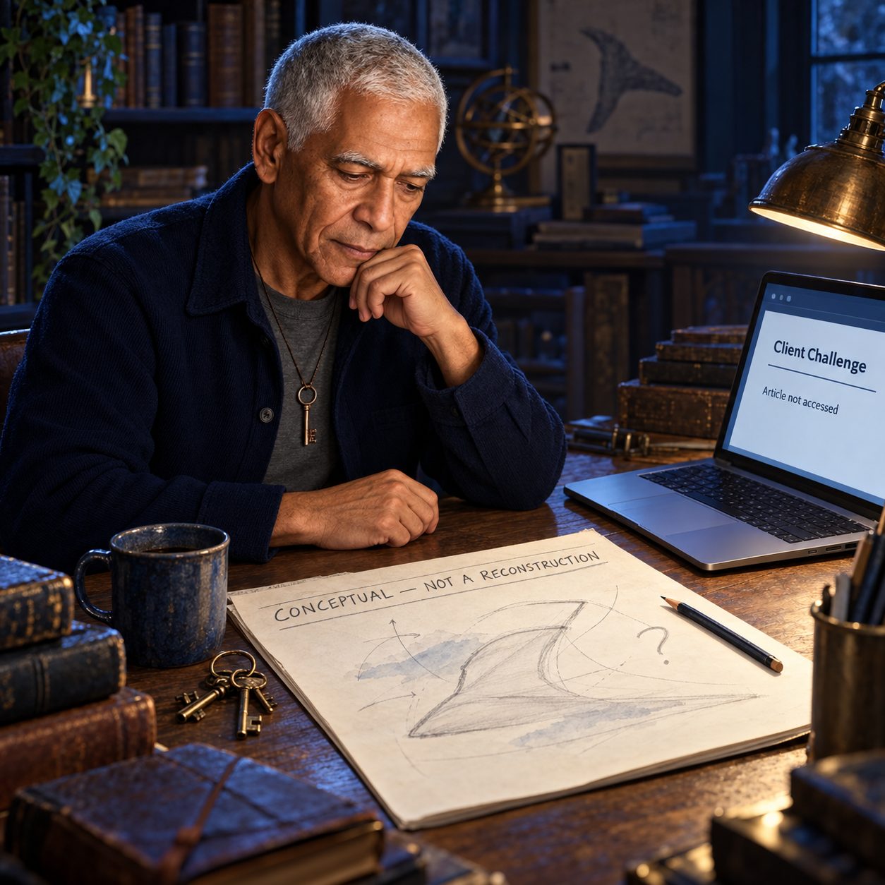 Key pauses at a dimly lit desk beside a laptop marked “Client Challenge” and an unfinished fin study headed “CONCEPTUAL — NOT A RECONSTRUCTION.” Midnight blue, silver, and dim cyan frame a research question left unresolved, not a fossil finding.