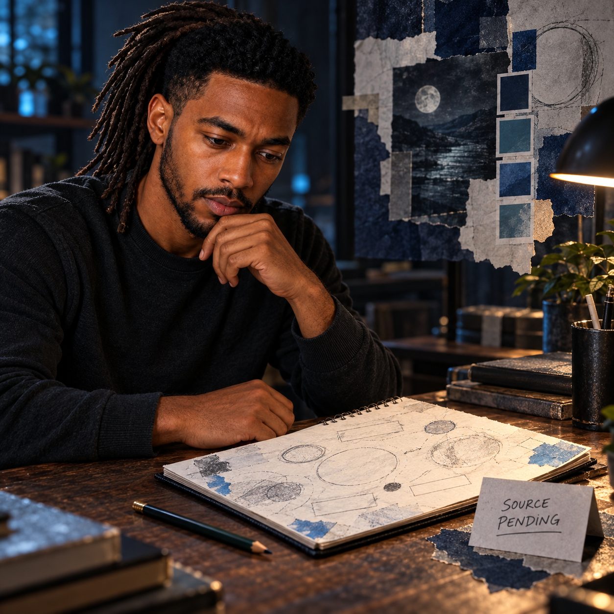 Conceptual mixed-media portrait of William pausing over an unfinished pathway-study notebook in midnight blue, silver and dim cyan. Disconnected abstract marks and empty annotation boxes suggest unanswered questions, not a verified reaction diagram; a nearby card reads “SOURCE PENDING.”