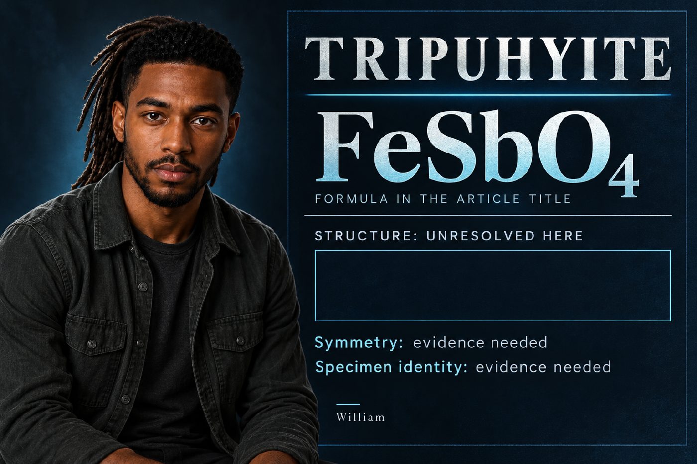 William beside an audience-facing midnight-blue typographic panel: silver FeSbO4 above an empty field labeled “STRUCTURE: UNRESOLVED HERE.” Smaller lines say symmetry and specimen identity need evidence. No lattice or mineral specimen is depicted.