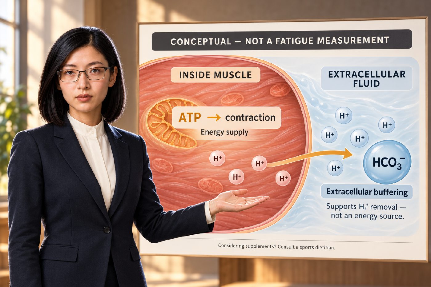 Lacuna presents an audience-facing conceptual diagram separating ATP-powered contraction inside muscle from bicarbonate buffering in extracellular fluid. An H+ arrow crosses outward; the graphic is labeled as not a fatigue measurement and advises consulting a sports dietitian.