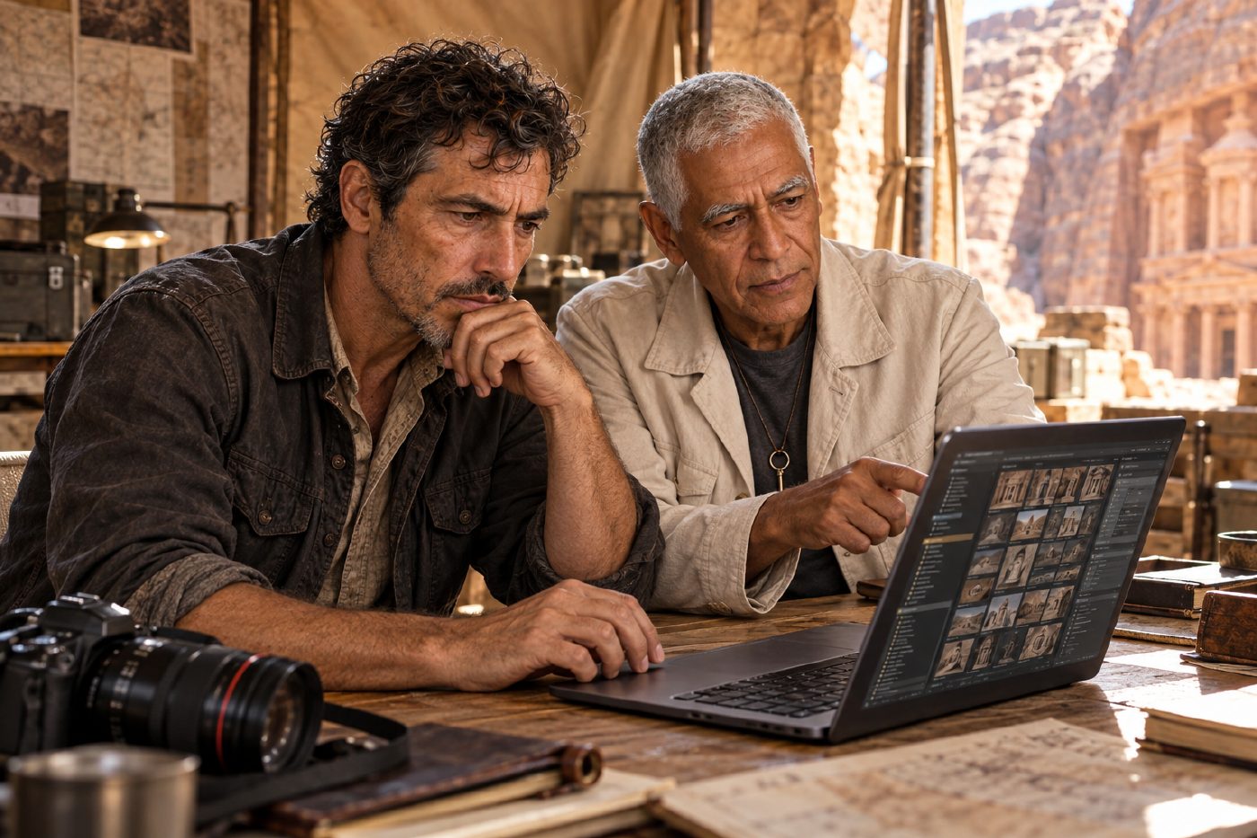 Jack and Key review one crowded fictional photo-archive interface on a laptop in a Petra field room. Jack pauses at the trackpad while Key points toward the screen; both look at the display, angled toward them in warm daylight.