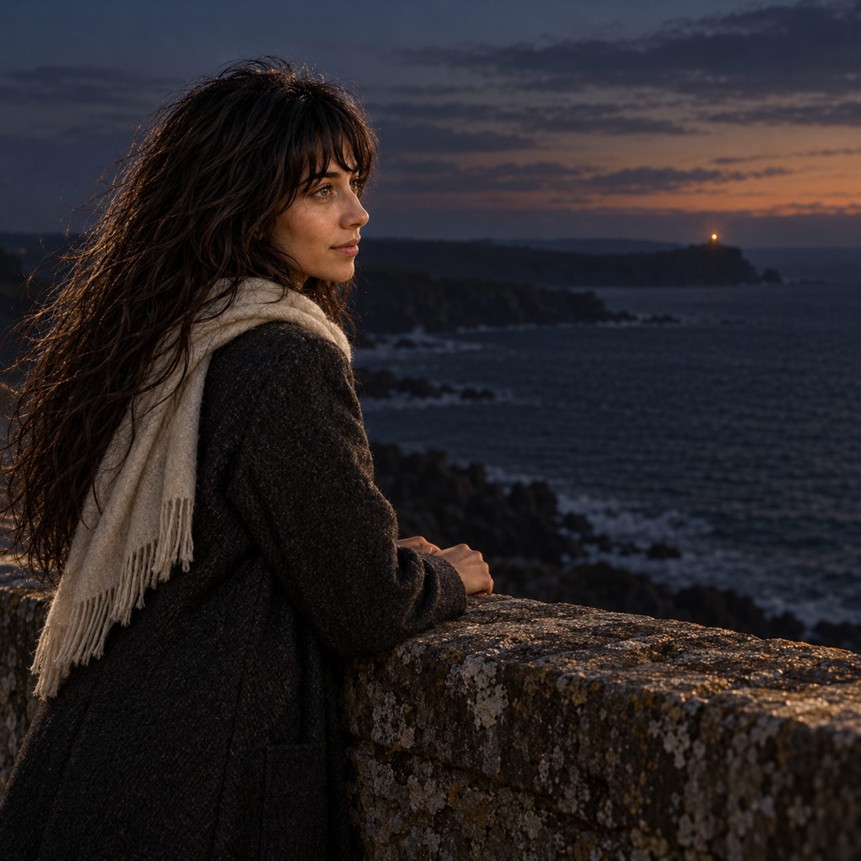 Skinjo stands in profile at a stone coastal parapet after dusk, wearing a charcoal coat and ivory scarf, watching a tiny amber navigational light across dark water.