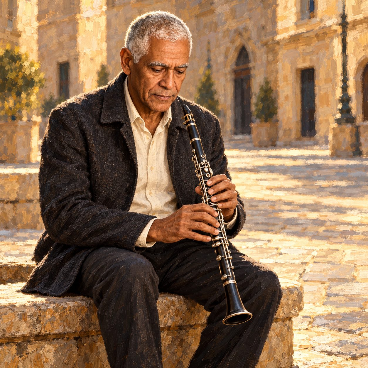 Fictional painterly illustration of Key seated on a stone bench in a sunlit public square, pausing with a clarinet held ready to play, gaze lowered in concentration; warm amber paving, an ivory shirt and charcoal jacket.