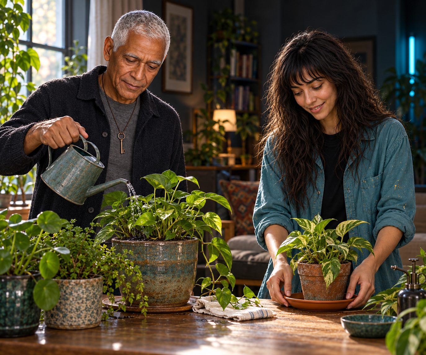 Key waters the soil of a potted houseplant while Skinjo slides a saucer beneath another pot at a window-side table. Acid-green leaves and cool-cyan edge light brighten the shaded domestic room; the scene shows shared household care, not laboratory evidence.
