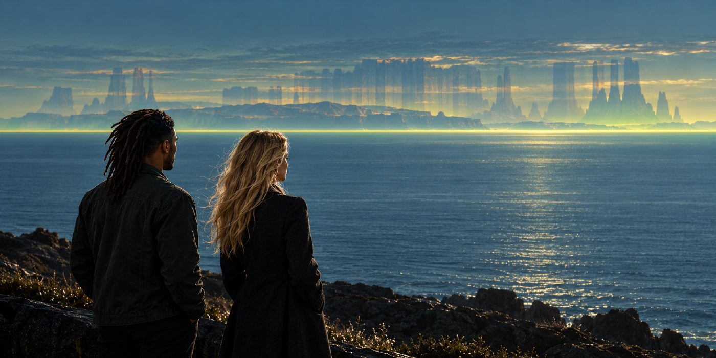 William and Marlene watch a calm, wide cyan sea from a dark coastal overlook. Across the horizon, a Fata Morgana lifts and stretches the distant coastline into stacked, towering castle-like shapes, edged with a faint acid-green glow.