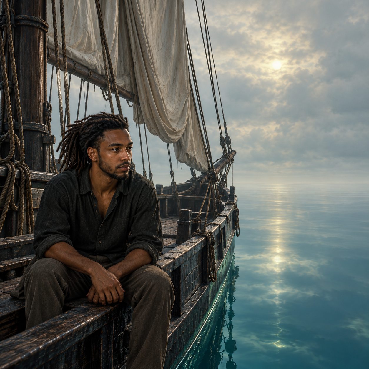 William sits quietly aboard a lone sailing vessel, its sails hanging limp above glassy subtropical water. A pale, heavy sky presses over the empty horizon; cool cyan and faint acid-green edge light trace the near-black hull. There is no wake.
