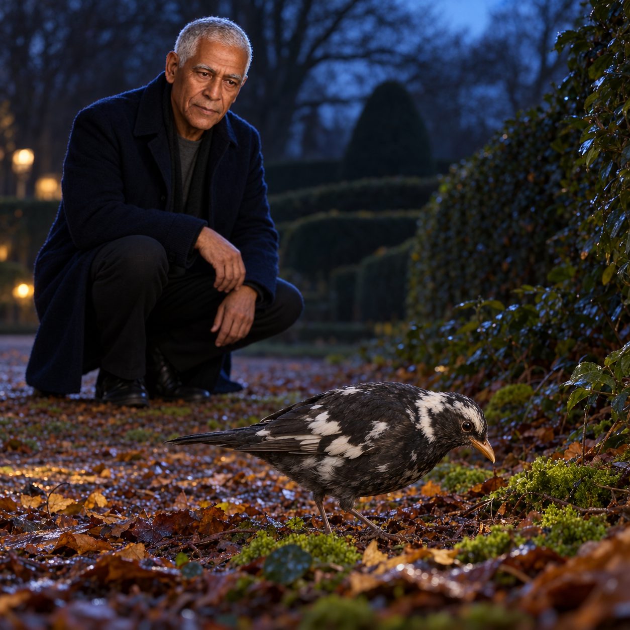 Key watches from a respectful distance in the Royal Gardens at dusk as a partly white blackbird forages among leaves. Its normal dark eye stands out against pale, patchy plumage, edged by cool evening light.