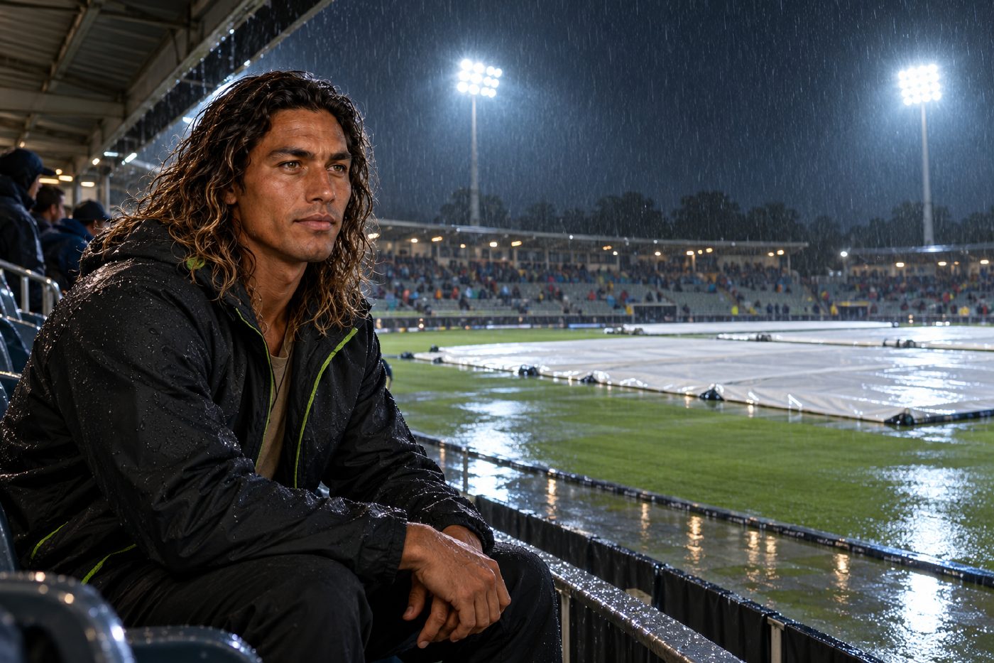 Horn sits beneath a stand roof, watching an evening cricket ground in steady rain. Covers protect the square, puddles reflect cool floodlights, and scattered spectators wait in thinly filled, damp stands.