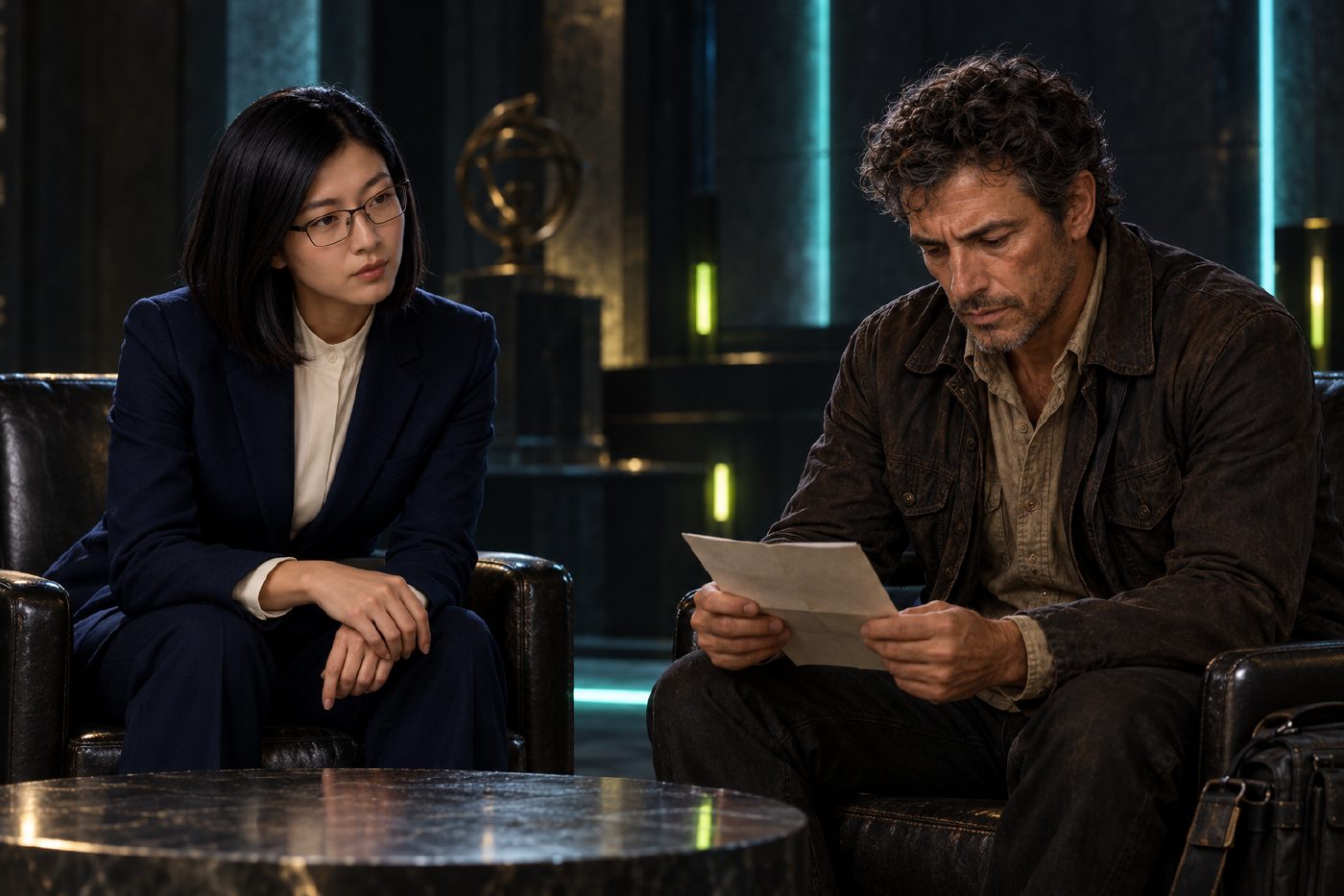 Lacuna listens from the left as Jack privately reads a folded dispatch held low and facing himself in a quiet anteroom. Cool cyan edges and small acid-green accents illuminate the near-black setting; neither participant presents anything to the camera.