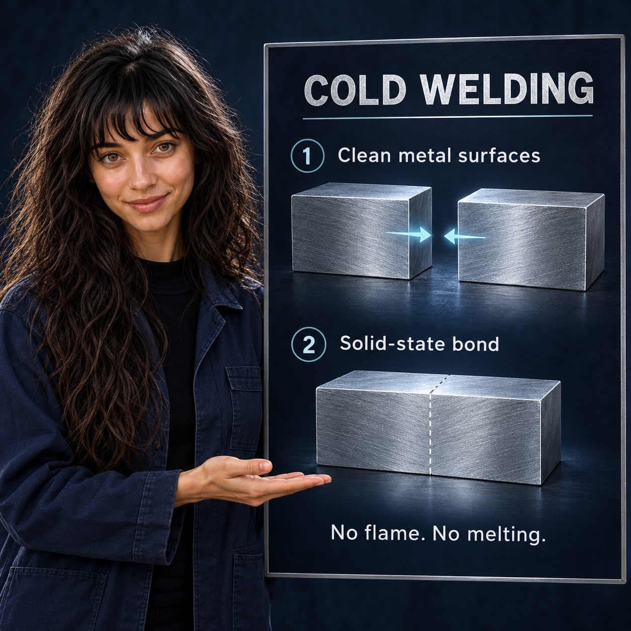 Skinjo presents a silver-and-cyan cold-welding diagram on a midnight-blue background: two clean metal surfaces approach under pressure, then appear joined in a solid-state bond. Labels emphasize no flame and no melting.
