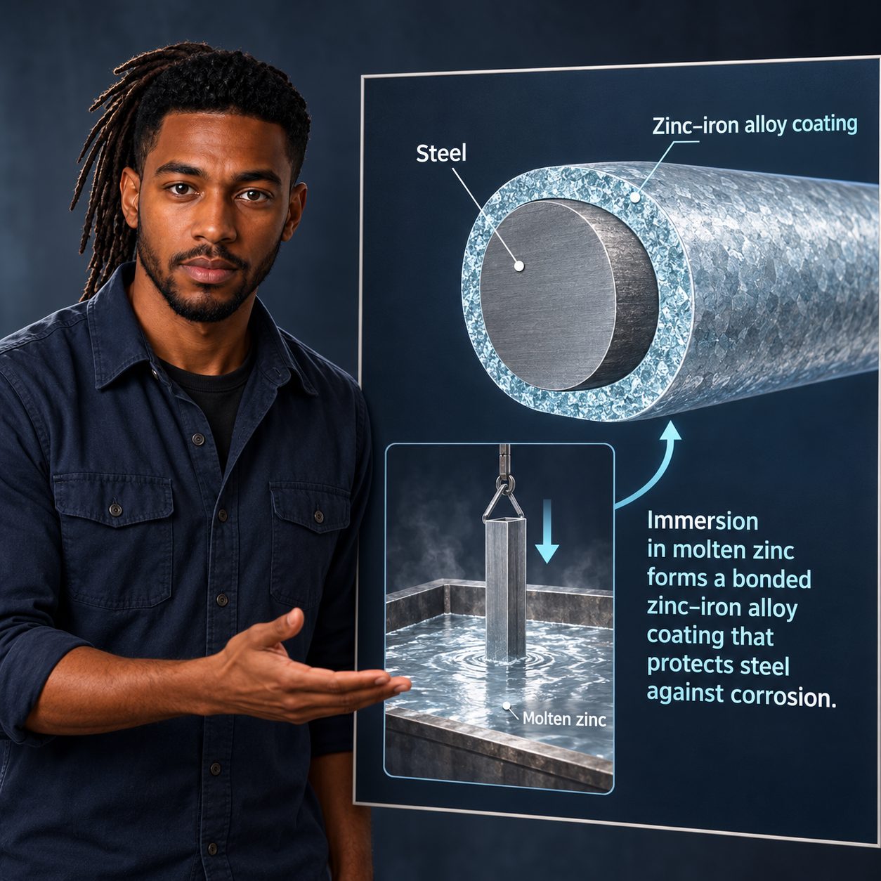 William presents a silver-and-cyan cutaway showing a steel core and its zinc–iron alloy coating. An inset shows a steel piece being lowered into molten zinc, linking immersion to the protective coating.