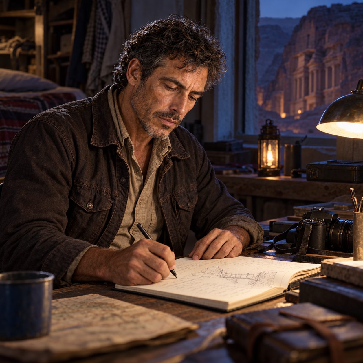 Jack writes beside a resting camera in his temporary Petra field room at evening. A small bridge sketch sits on the notebook page facing him, under subdued blue-silver desk light.